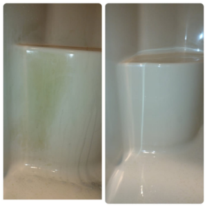 Before and after comparison of a shower, showing professional cleaning results by Ms. Maid by Lynae in Janesville, WI.