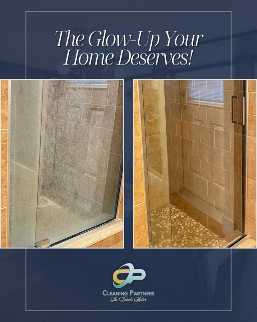 Before and after comparison of a sparkling clean shower door by Cleaning Partners in Tampa, FL