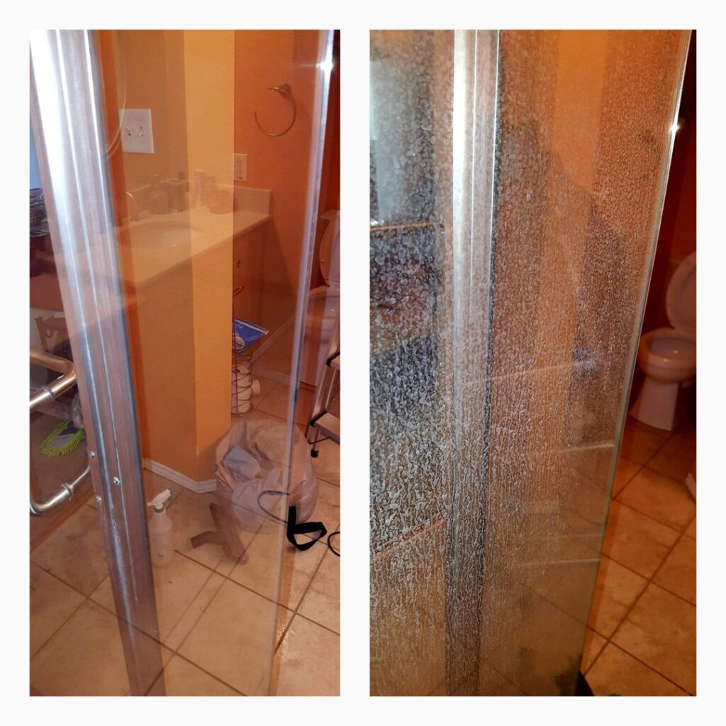 Before and after shower door cleaning by Rubber Gloves Residential Cleaning in San Antonio, TX, showing sparkling results.