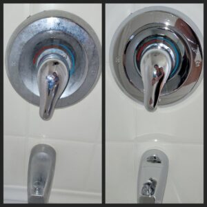 Before and after comparison of a shower faucet, showing hard water stain removal by Perfectly Polished by Paige in Raleigh, NC.
