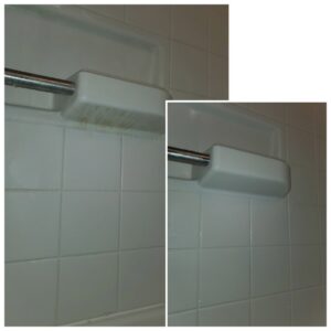 Before and after comparison of a shower fixture, demonstrating effective soap scum removal by JLCleaning in Beaverton, OR.