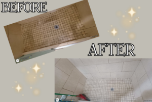 A before and after comparison showing a shower floor thoroughly cleaned by A1 Top-Notch Cleaning Service in Long Beach, CA.