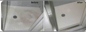 Before and after a shower floor cleaning service provided by McGarvey Cleaning in Vancouver, WA.