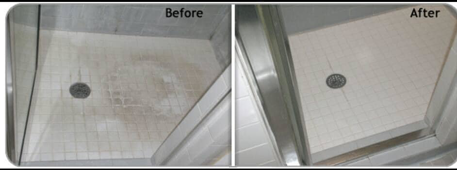 Before and after a shower floor cleaning service provided by McGarvey Cleaning in Vancouver, WA.