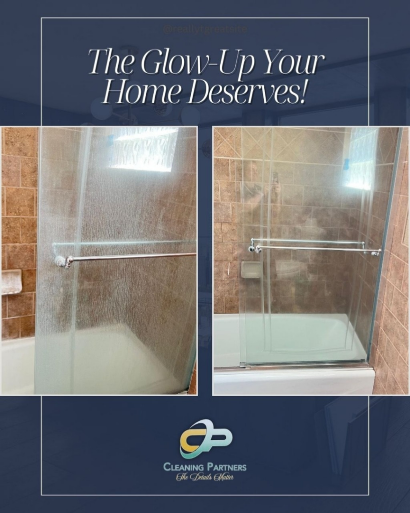 Before and after comparison of a spotless shower glass by Cleaning Partners in Tampa, FL