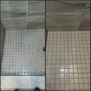 Before and after comparison of a shower floor with cleaned grout, showcasing deep cleaning services by Perfectly Polished by Paige in Raleigh, NC.