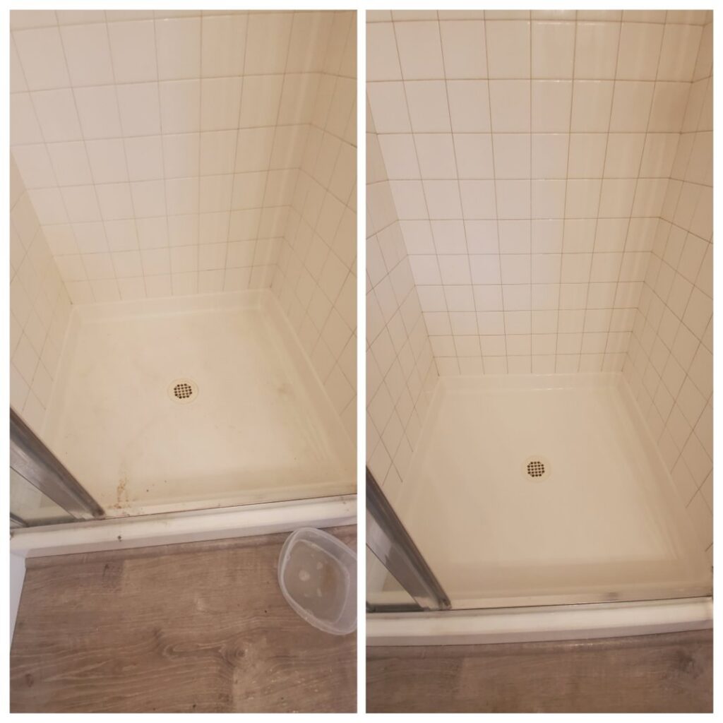 Before and after comparison of a shower stall, showcasing thorough cleaning by JLCleaning in Beaverton, OR.