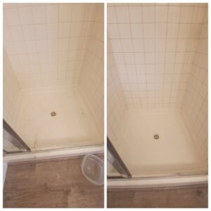 Before and after comparison of a shower stall, showcasing thorough cleaning by JLCleaning in Beaverton, OR.