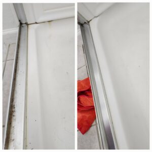 Before and after comparison of a dirty and clean shower door track, showcasing detailed cleaning by Perfectly Polished by Paige in Raleigh, NC.
