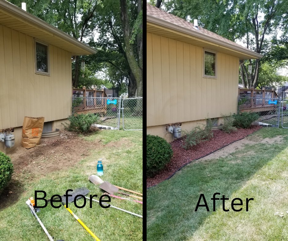 Before and after comparison of a side yard, featuring thorough cleanup and mulching services by TB Groundskeeping in Omaha, NE.