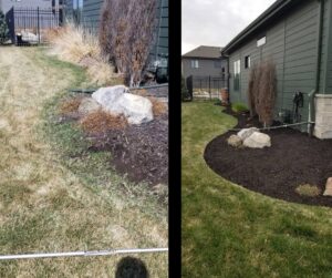 Before and after comparison of a side yard, featuring new mulch and improved landscaping by TB Groundskeeping in Omaha, NE.