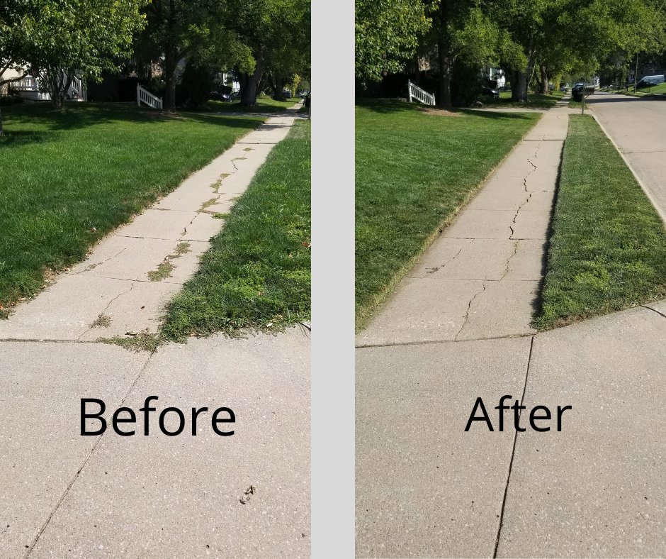 Before and after comparison of a sidewalk, demonstrating effective weed removal and property maintenance by TB Groundskeeping in Omaha, NE.