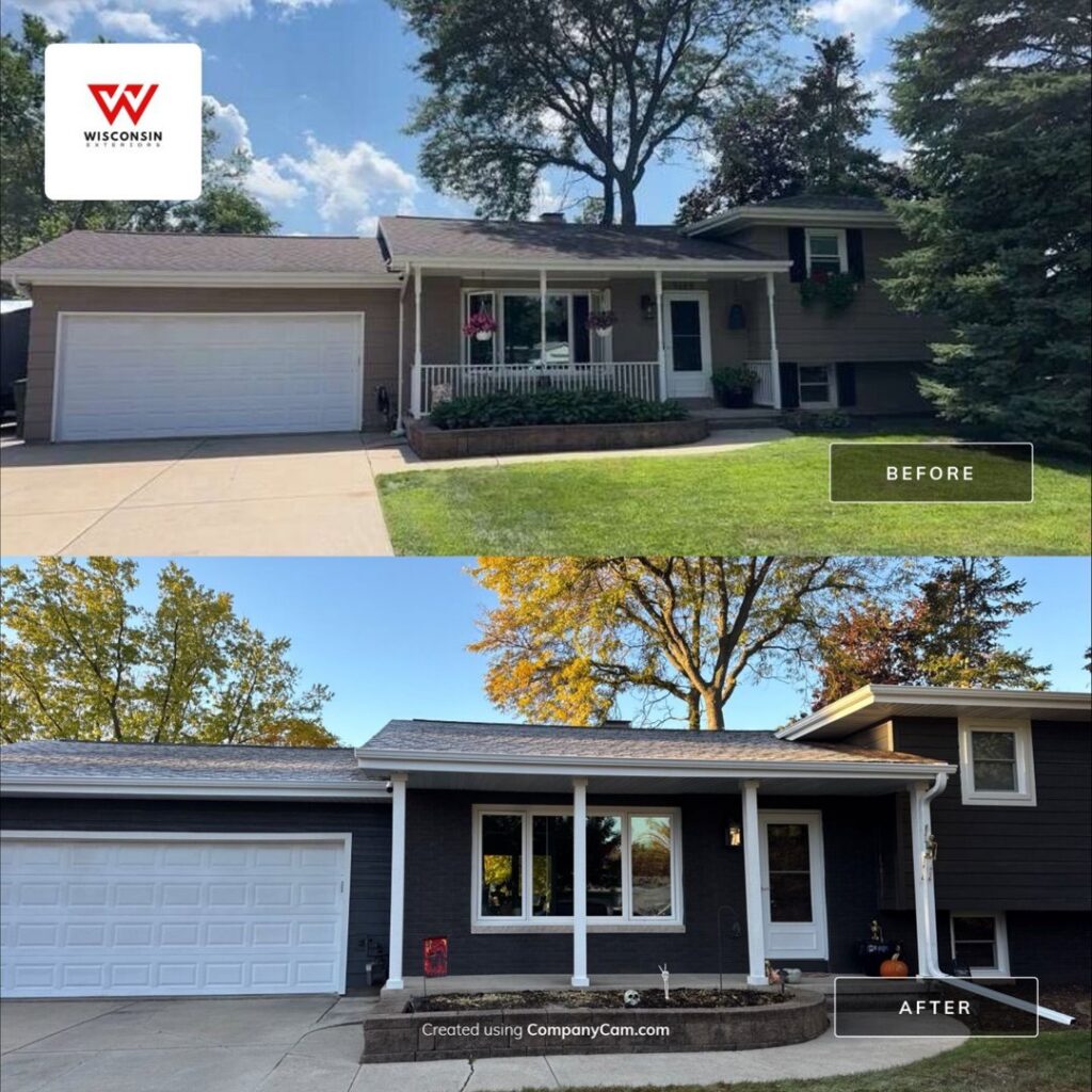 Before and after view of a home with new dark gray siding installed by Wisconsin Exteriors in Kaukauna, WI.