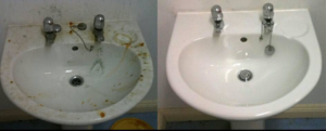 Before and after comparison of a bathroom sink cleaned by McGarvey Cleaning in Vancouver, WA.