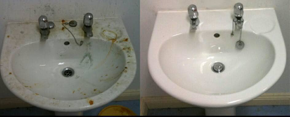 Before and after comparison of a bathroom sink cleaned by McGarvey Cleaning in Vancouver, WA.