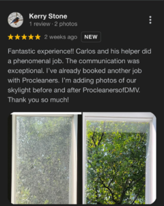 Before and after comparison of a skylight window cleaning service by Procleanersofdmv in Rockville, MD.