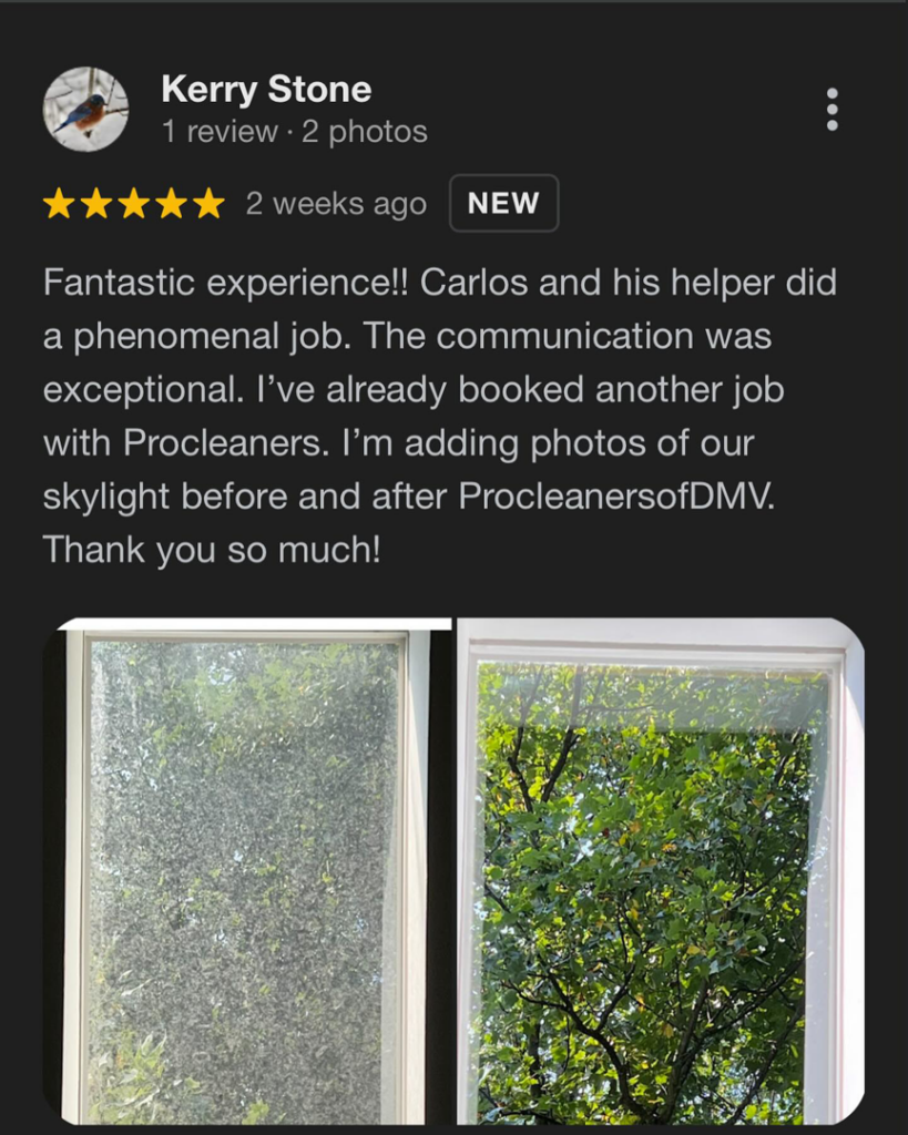 Before and after comparison of a skylight window cleaning service by Procleanersofdmv in Rockville, MD.