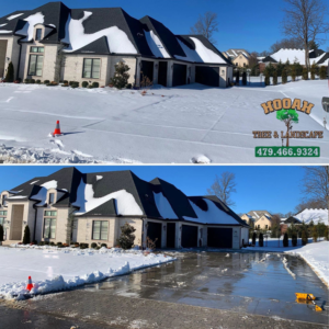 Before and after comparison of a residential driveway cleared of snow by Hooah Tree and Landscape in Bentonville, AR.