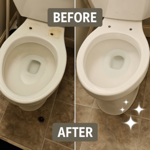 Before and after comparison showing a sparkling clean toilet bowl by Legacy Signature Clean, providing house cleaning in Mobile, AL.