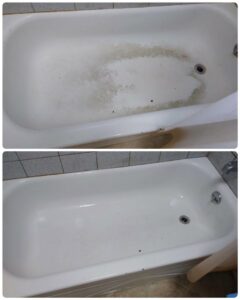 Before and after comparison of a stained bathtub cleaned by Northern States Cleaning in Duluth, MN.