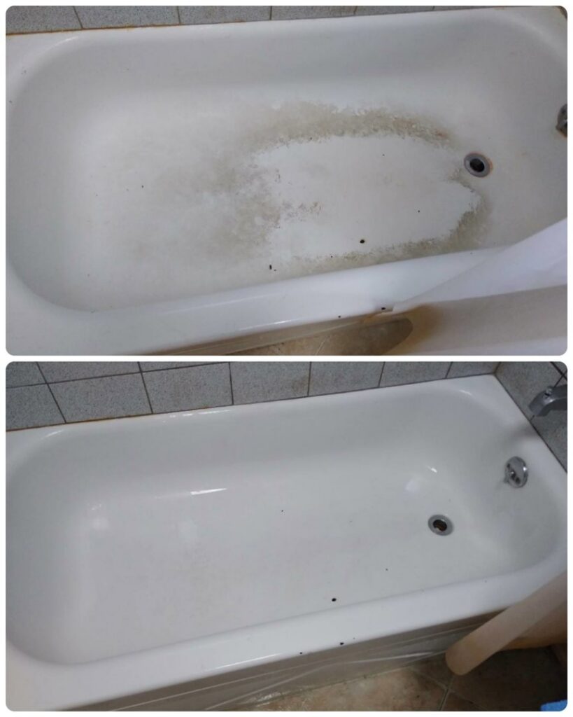 Before and after comparison of a stained bathtub cleaned by Northern States Cleaning in Duluth, MN.