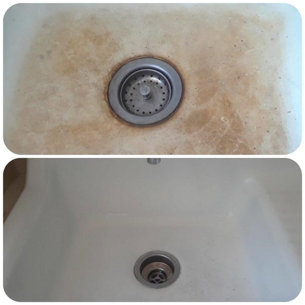 Before and after comparison of a stained sink drain cleaned by Northern States Cleaning in Duluth, MN.