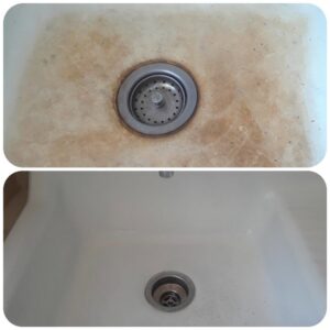 Before and after comparison of a stained sink drain cleaned by Northern States Cleaning in Duluth, MN.