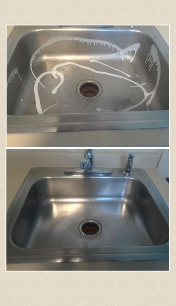 Before and after comparison of a stainless steel sink cleaned by Northern States Cleaning in Duluth, MN.