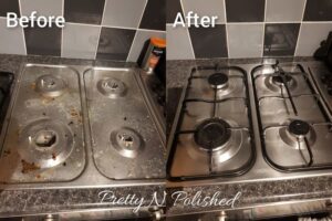 A before and after comparison of a thoroughly cleaned stove top by Pretty & Polished Cleaning Services in Sandy, OR.