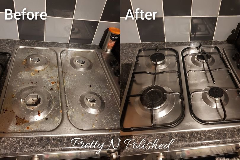 A before and after comparison of a thoroughly cleaned stove top by Pretty & Polished Cleaning Services in Sandy, OR.