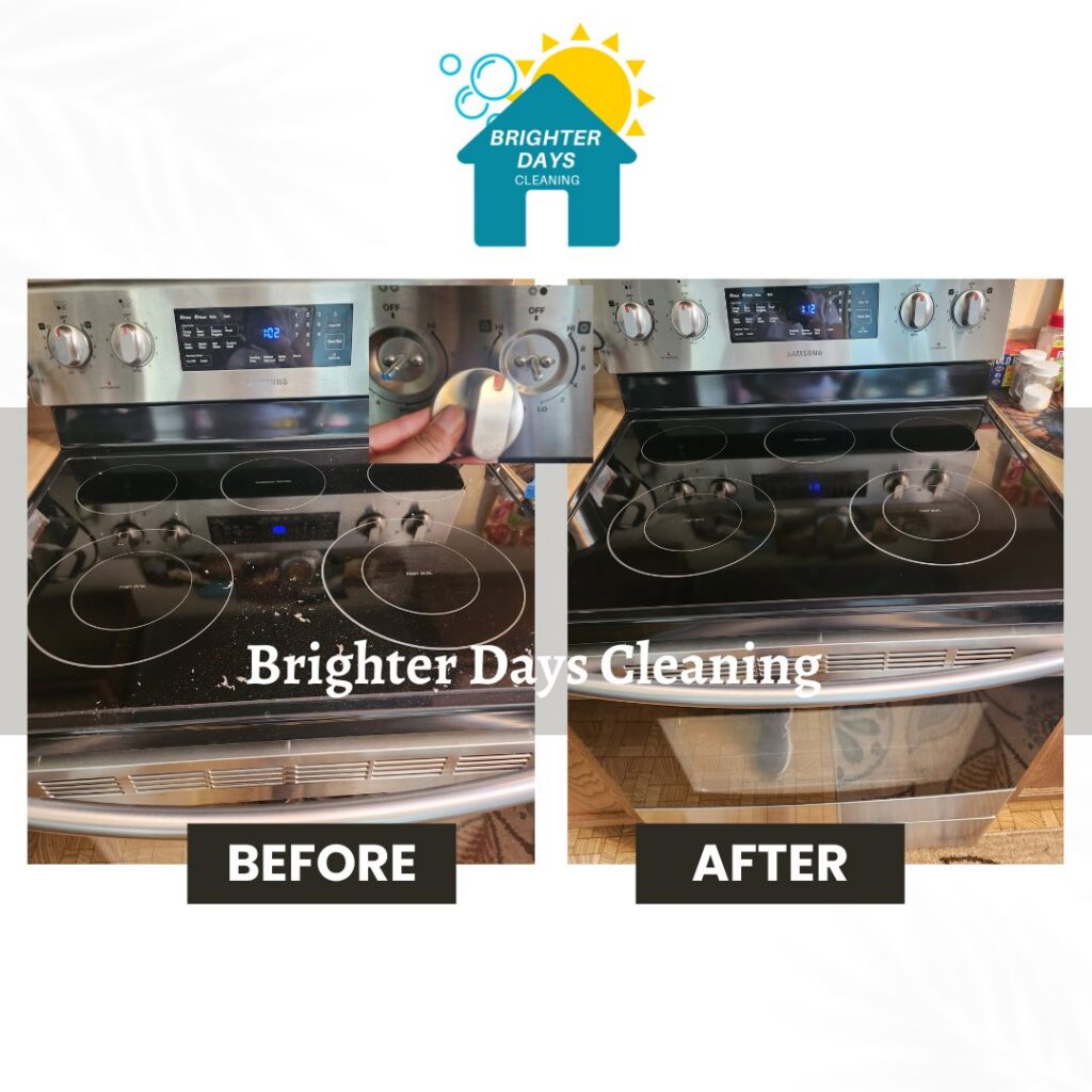 Before and after comparison of a dirty stove top cleaned by Brighter Days Cleaning in Sacramento, CA