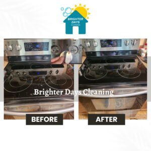 Before and after comparison of a dirty stove top cleaned by Brighter Days Cleaning in Sacramento, CA