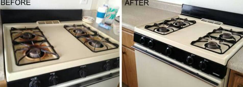 A kitchen stove top before and after professional cleaning by McGarvey Cleaning in Vancouver, WA.