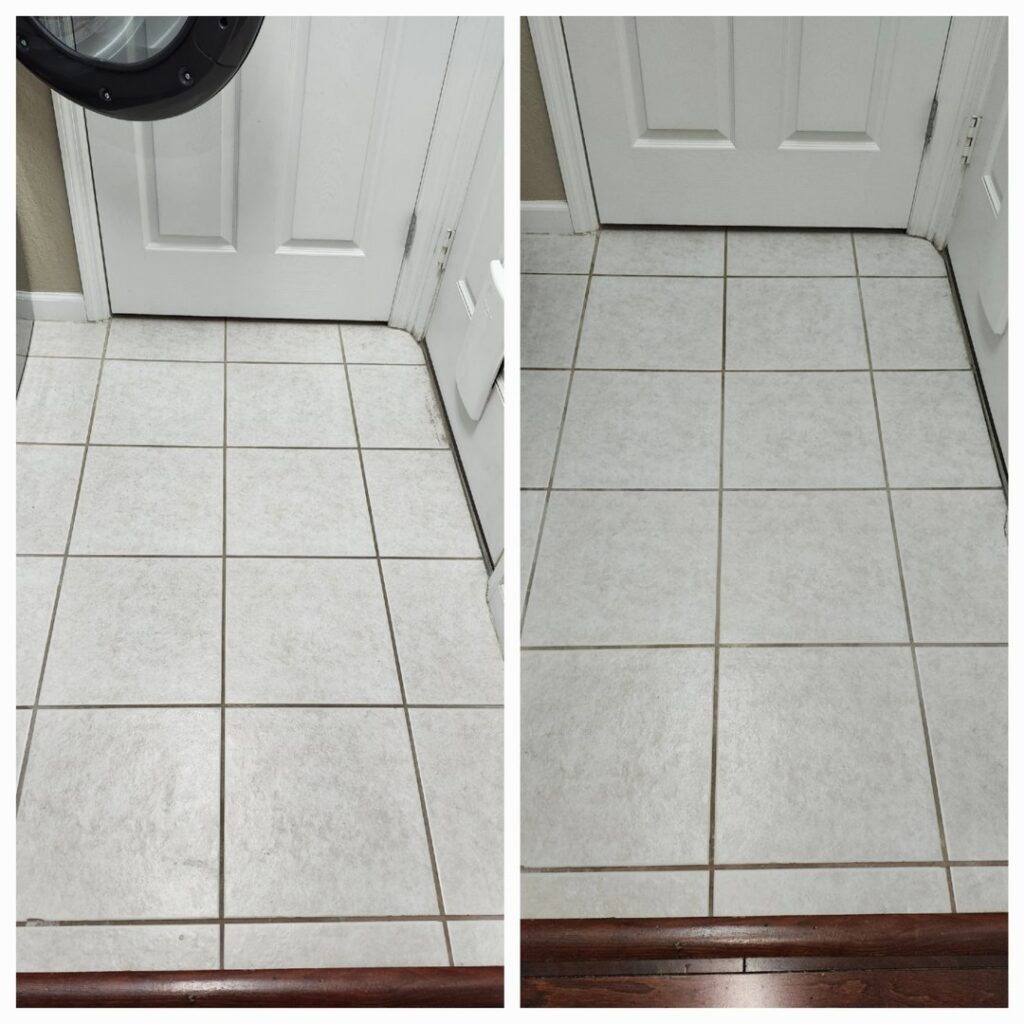 Before and after comparison of a tiled floor with cleaned grout, showcasing house cleaning expertise by Perfectly Polished by Paige in Raleigh, NC.