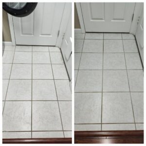 Before and after comparison of a tiled floor with cleaned grout, showcasing house cleaning expertise by Perfectly Polished by Paige in Raleigh, NC.