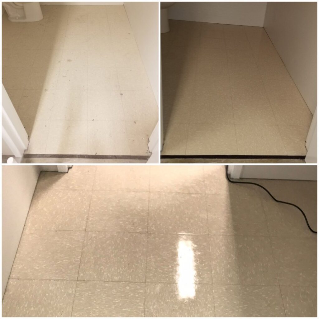 Before and after comparison of a tiled floor, demonstrating thorough cleaning by CPIA Cleaning Services in Des Moines, IA