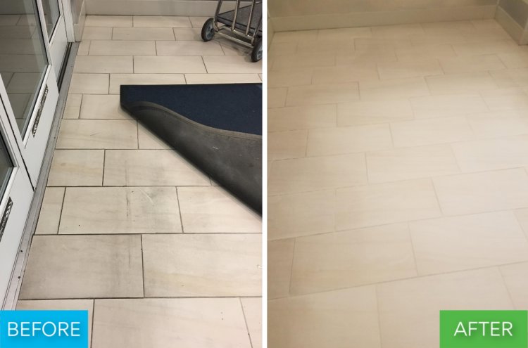 Before and after showing a dirty tiled floor cleaned and restored by Renue Systems Of Oahu in Honolulu, HI