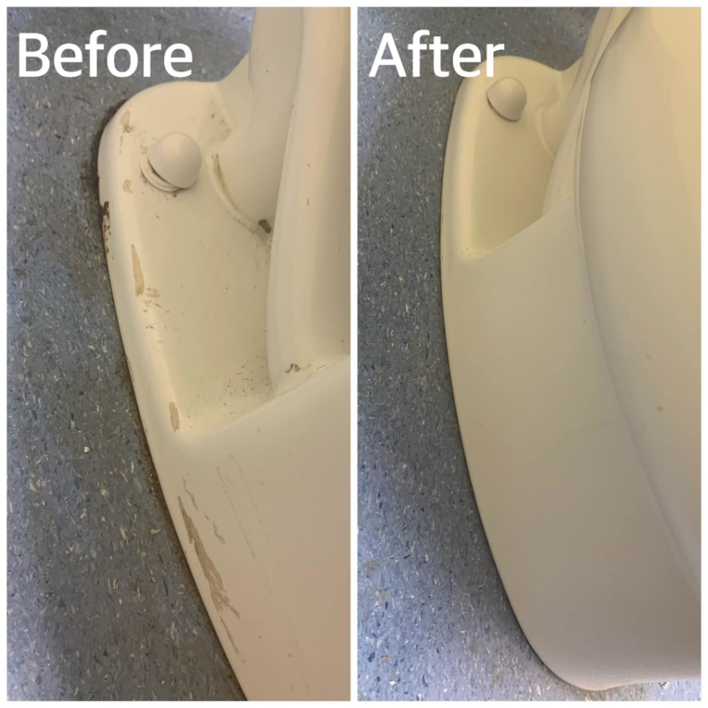 A before and after comparison of a clean toilet base by Dirt Busters Cleaning Company in Peoria, AZ.