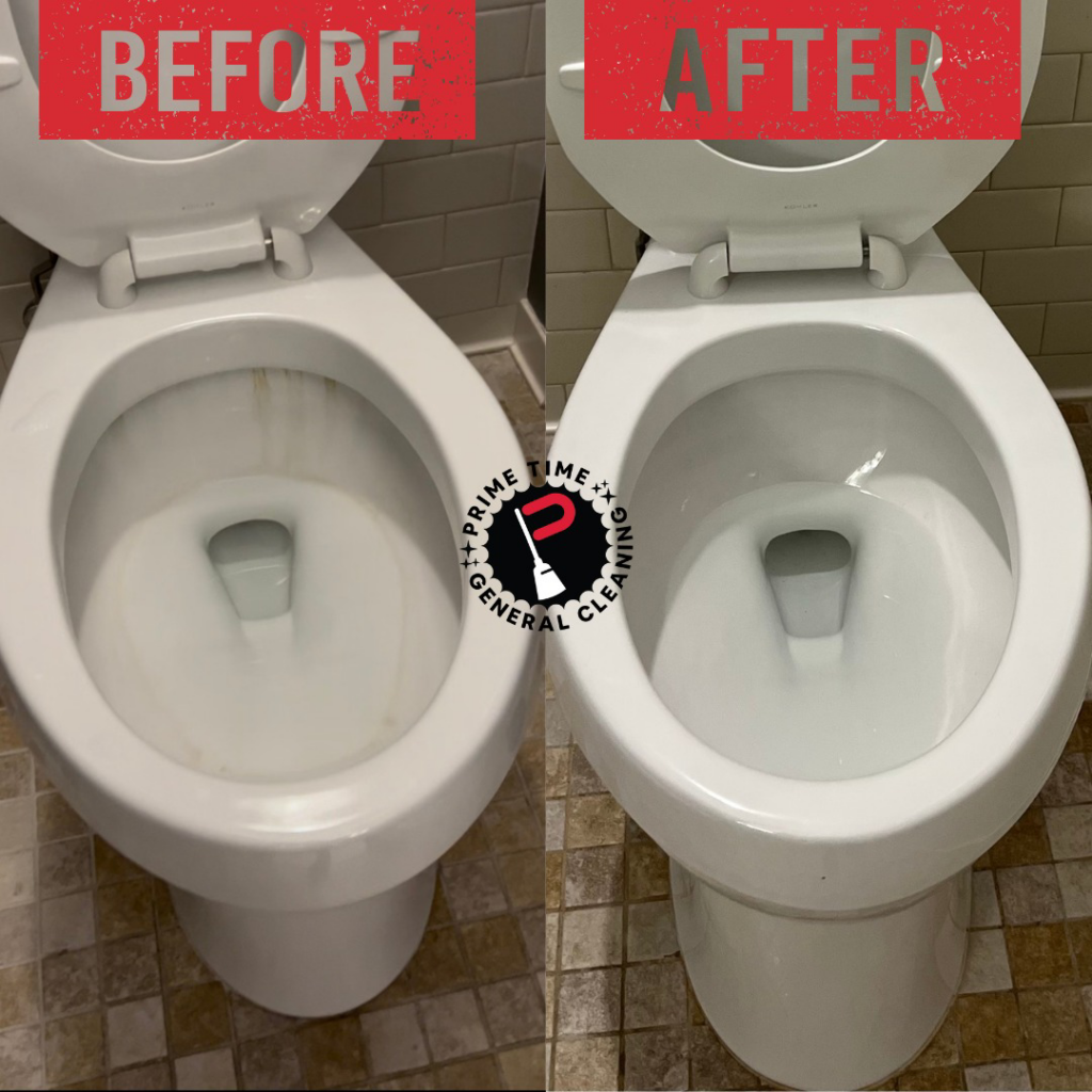 Before and after comparison of a sparkling clean toilet by Prime Time General Cleaning in Grand Island, NE.