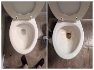 A before and after comparison showing a dirty toilet transformed into a sparkling clean one by Columbia Cleaners in Columbia, MO.