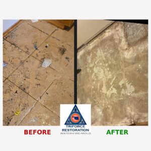 Before and after photos showing water damage restoration on a tiled floor by TriForce Restoration in Moore, OK.