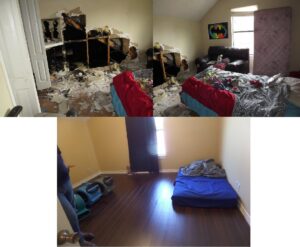 Before and after photos of a bedroom after water damage restoration by ServiceMaster of Laredo by Proremediation in Laredo, TX.