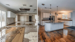 Before and after photos showing a kitchen fully restored by Flood Pros in Sandy, UT, after severe water damage.