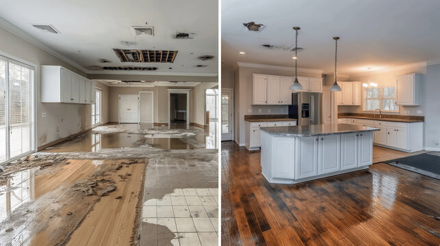 Before and after photos showing a kitchen fully restored by Flood Pros in Sandy, UT, after severe water damage.