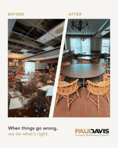 Before and after photos of a room restored from severe water damage by Paul Davis Restoration of Northern Nebraska in Columbus, NE.