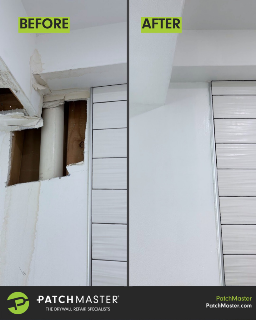 Before and after photos showing water-damaged drywall repaired by PatchMaster Central Connecticut, a water damage specialist in Bristol, CT.