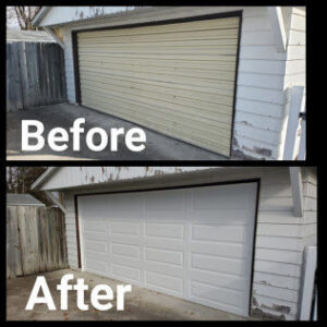 Before and after a white garage door installation by 74 Garage Door Company in Lake Park, FL