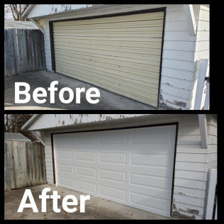 Before and after a white garage door installation by 74 Garage Door Company in Lake Park, FL