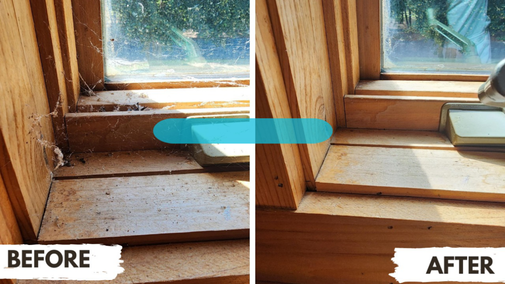 Before and after comparison of a dirty window sill cleaned by Brighter Days Cleaning in Sacramento, CA