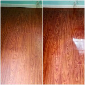 Before and after comparison of a wooden floor, showcasing professional cleaning by CPIA Cleaning Services in Des Moines, IA